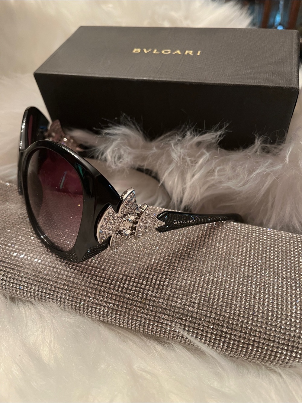 Bulgari Black Sunglasses with Crystal Logo Temples